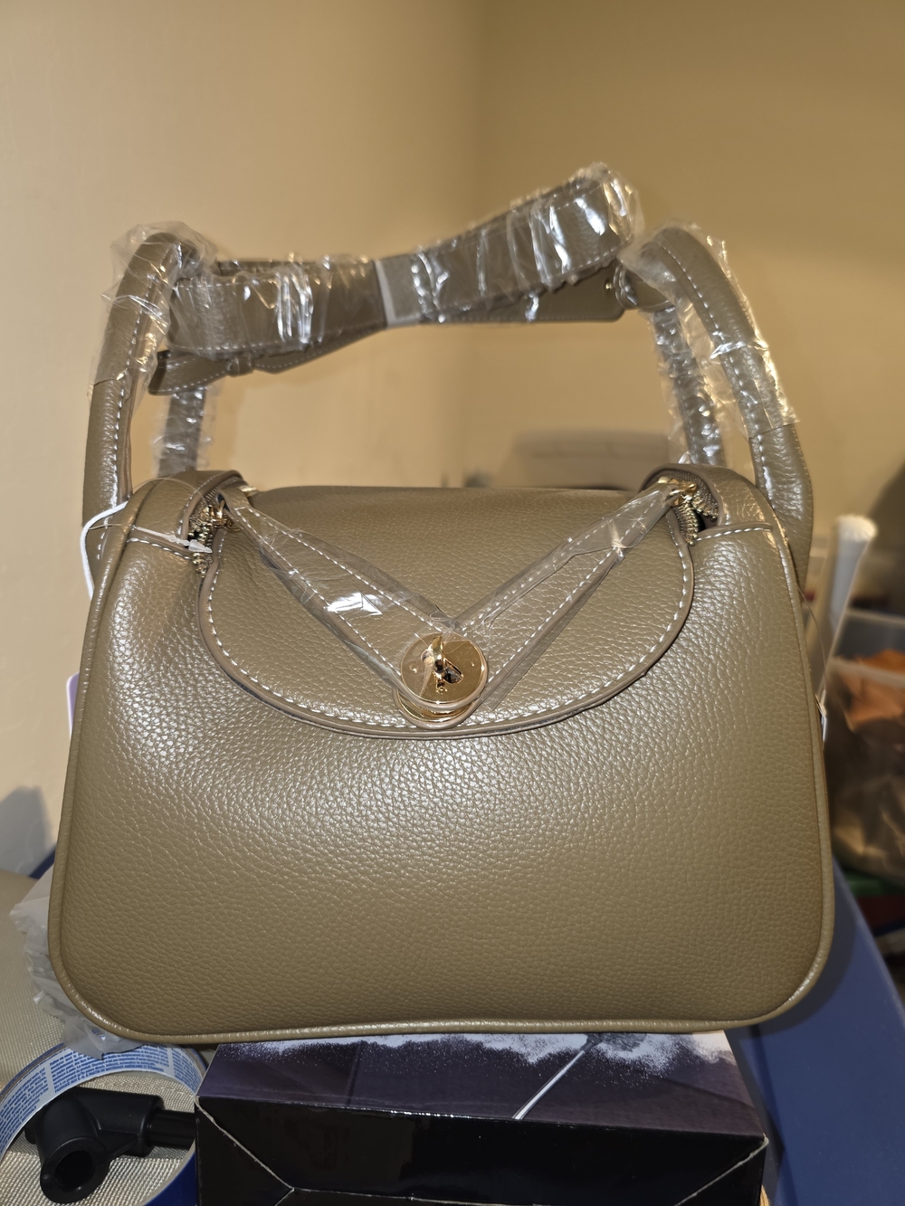 Taupe PU Leather Shoulder Bag with Gold Turn-Lock Box Style